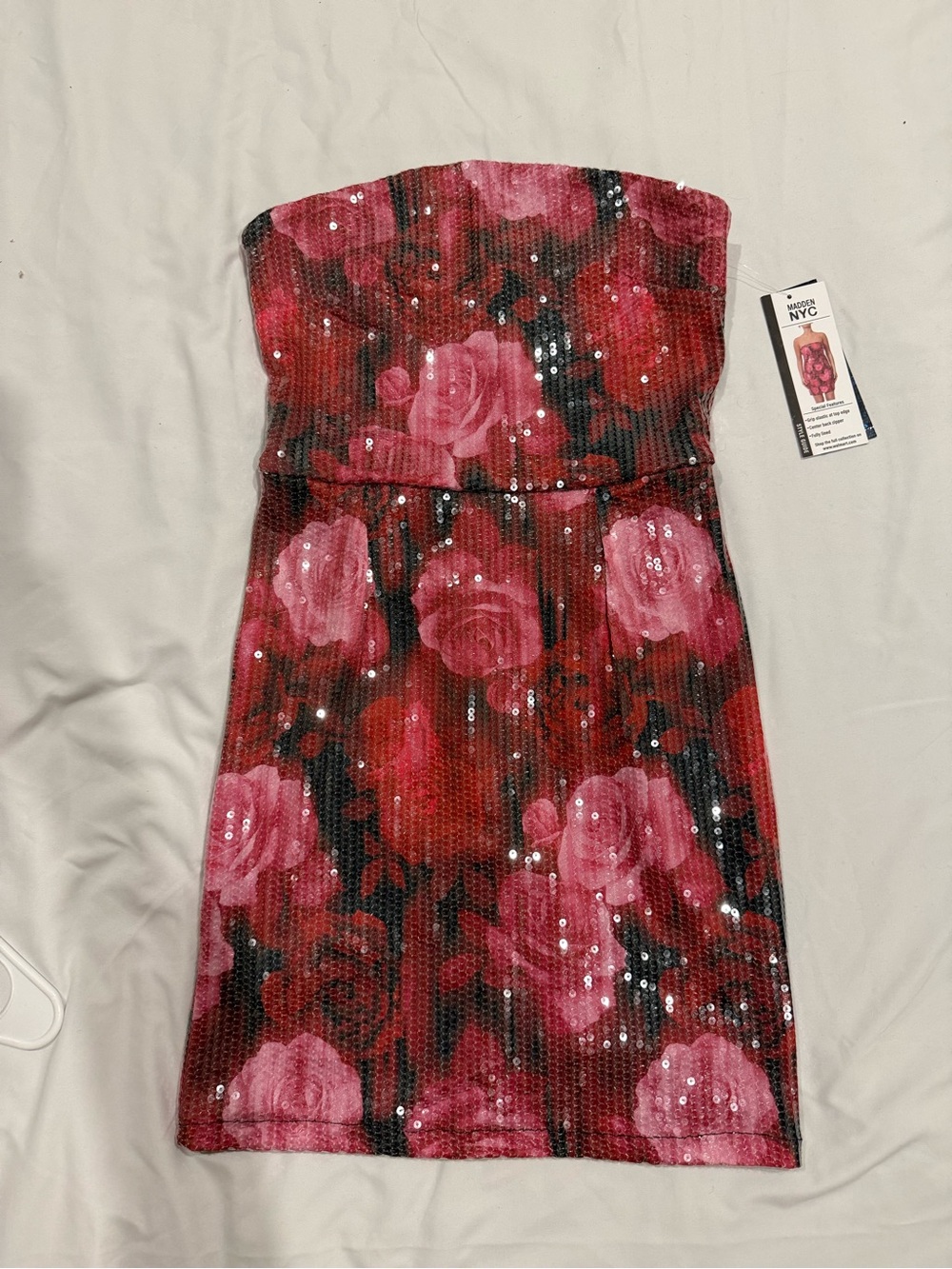 Strapless Sequin Rose Print Mini Dress - Pink Floral